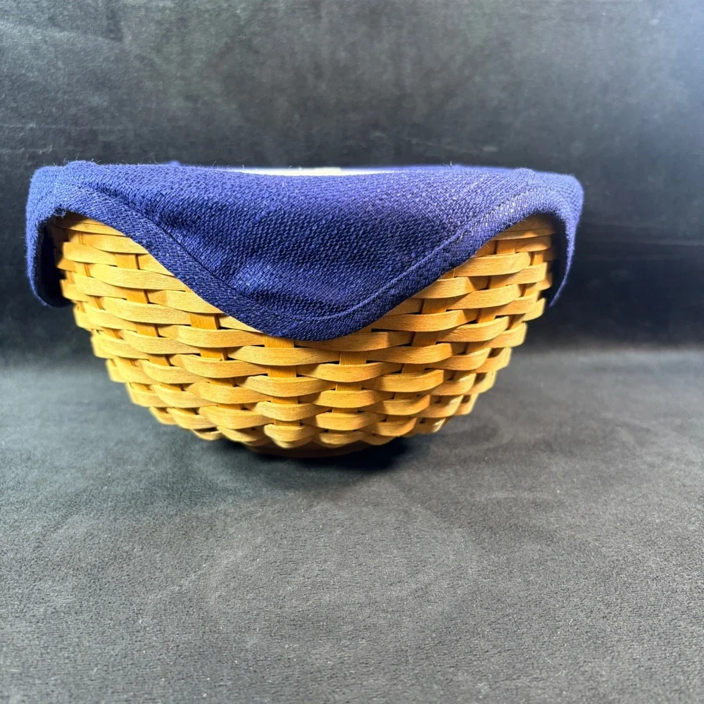 Longaberger 9-inch Bowl Basket 12785 Navy Liner Protector Lid 2002 USA Handwoven